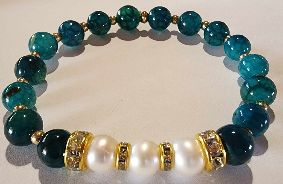 Jewellery - Genuine Multi Freshwater Pearls & Vein Agate Bracelet