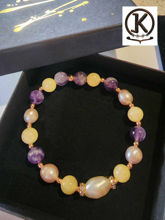 Jewellery - Genuine Multi Freshwater Pearl, Honey Onyx & Amethyst Bracelet