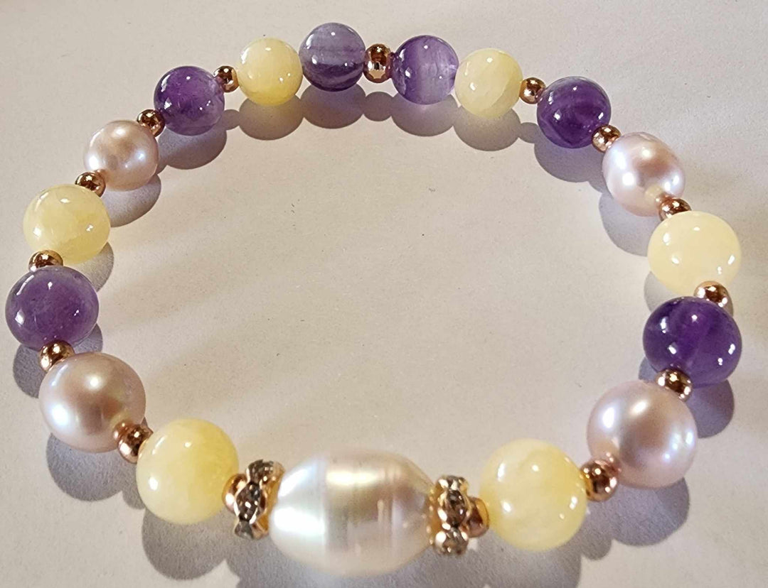 Jewellery - Genuine Multi Freshwater Pearl, Honey Onyx & Amethyst Bracelet