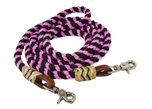 Reins -  8FT rolled nylon barrel reins Pink/Black