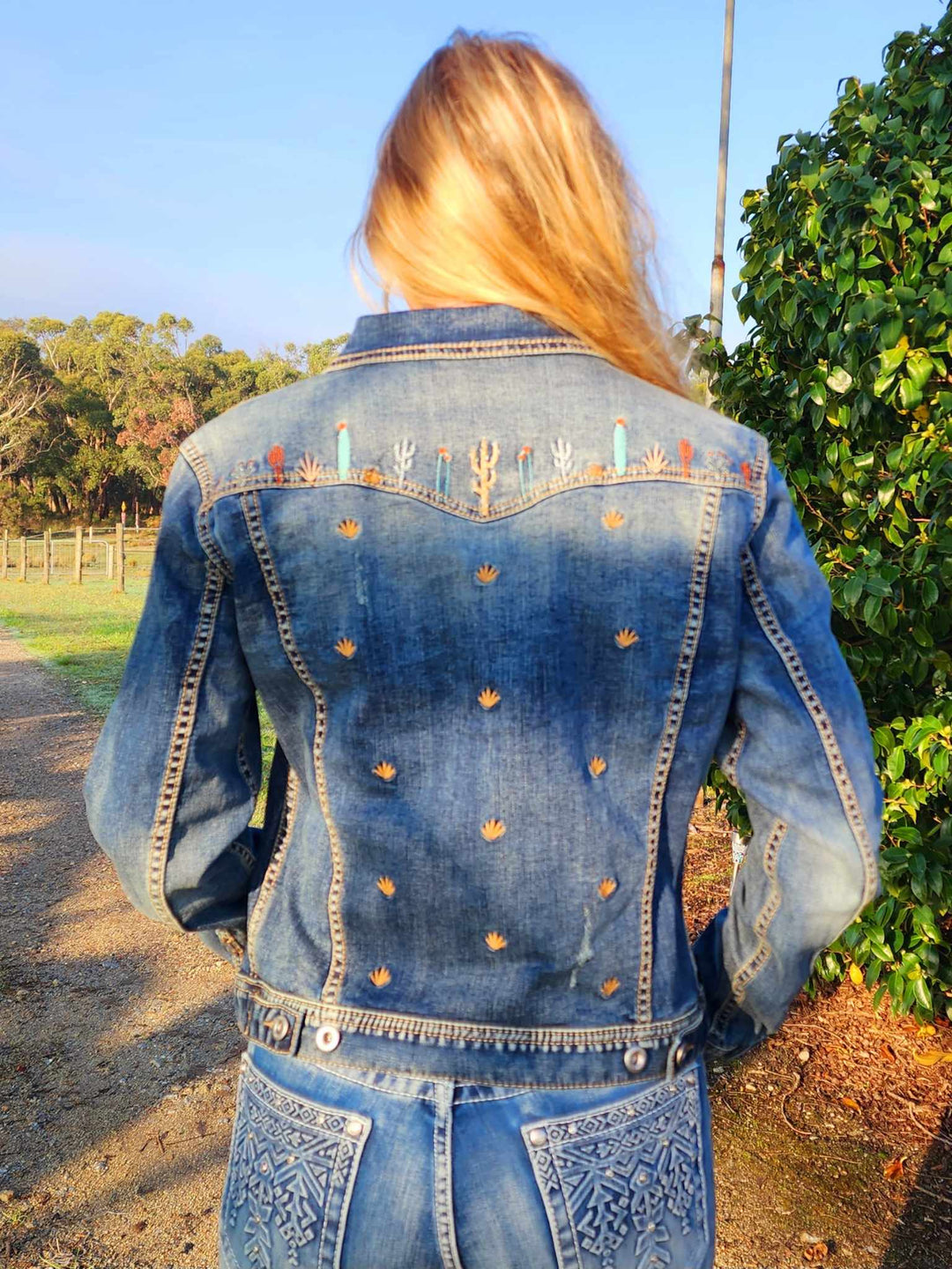 Grace in  La Denim Cowgirl Jacket Cactus Embroidery Size L