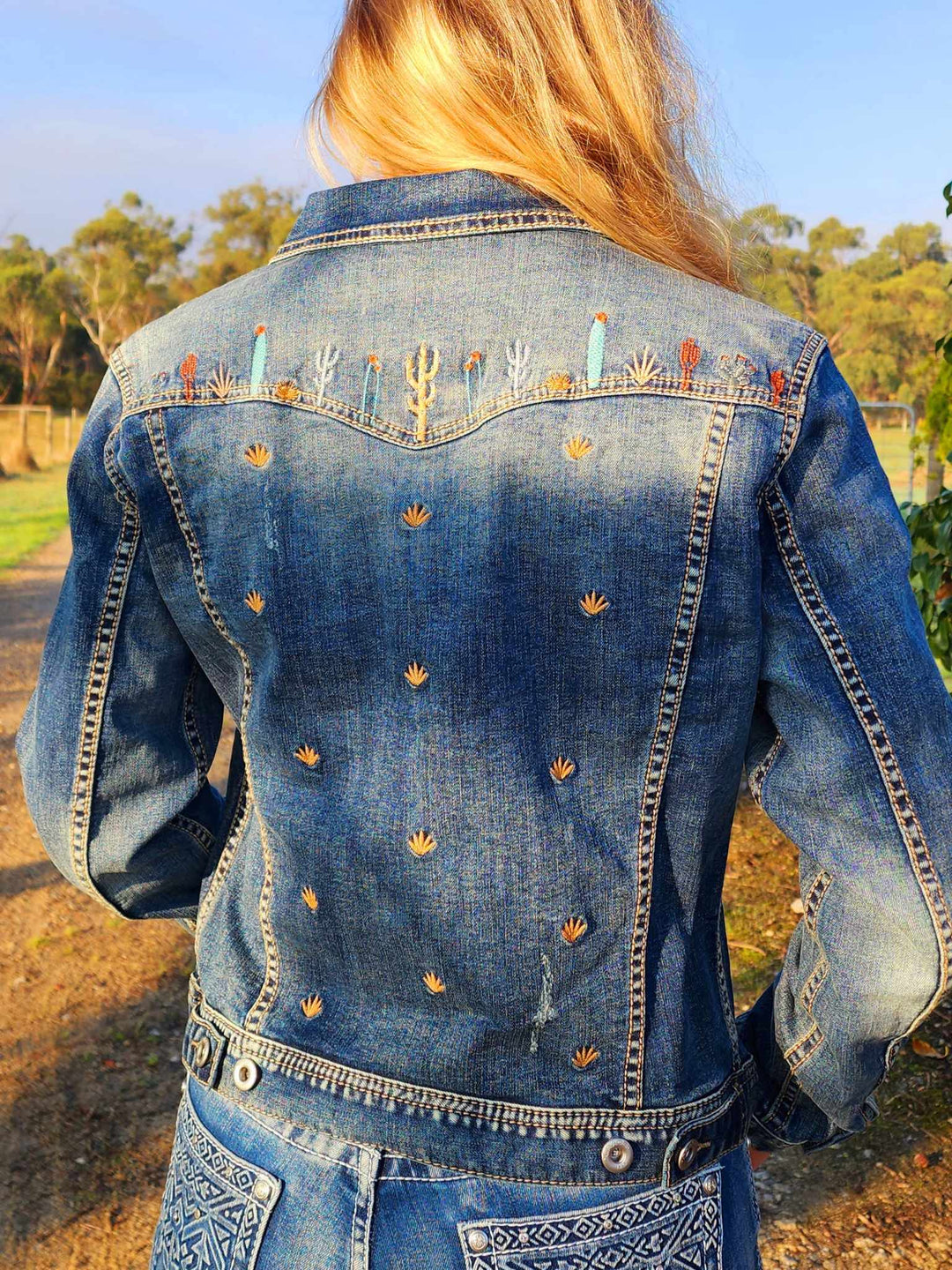 Grace in  La Denim Cowgirl Jacket Cactus Embroidery Size L