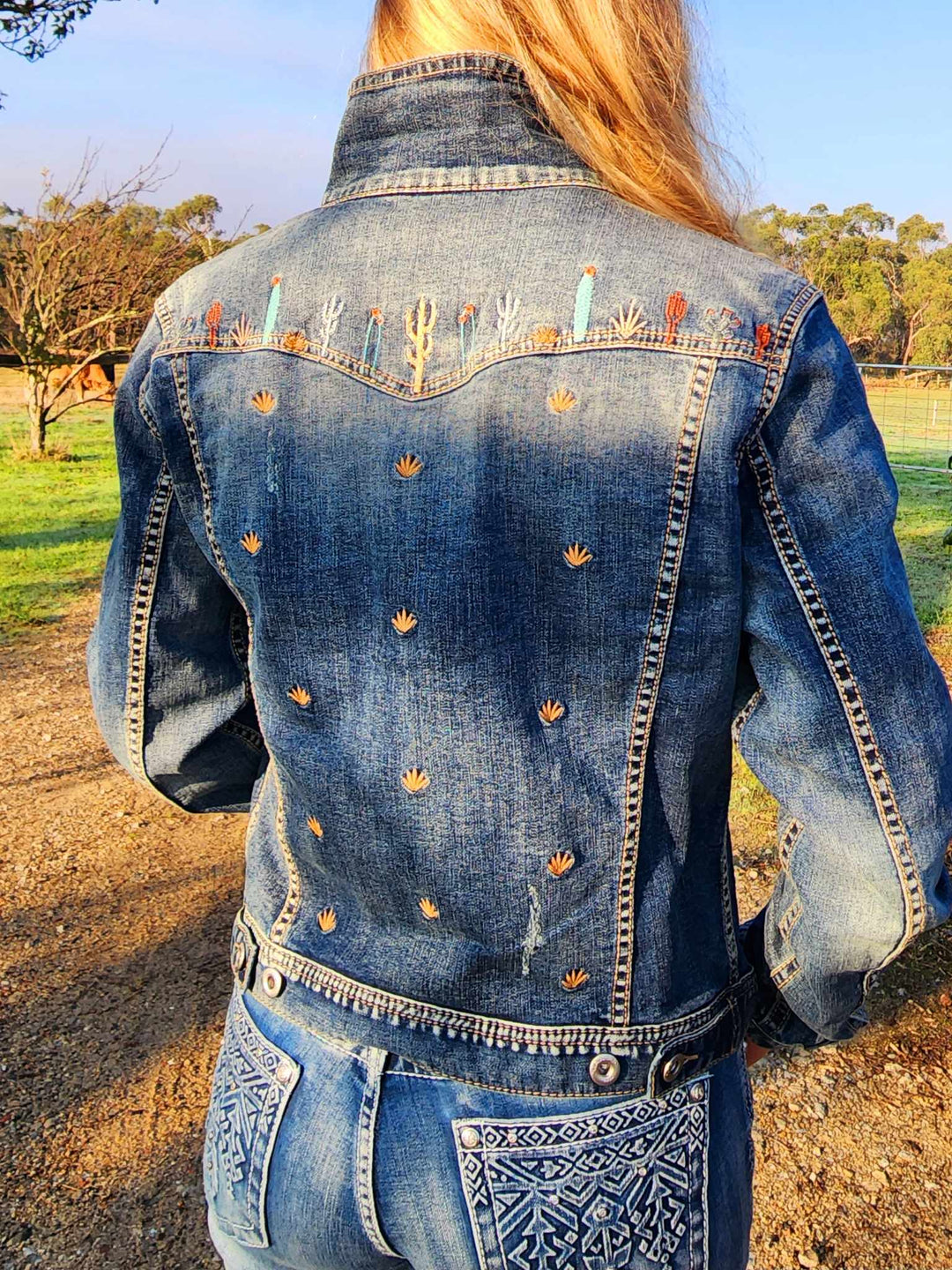 Grace in  La Denim Cowgirl Jacket Cactus Embroidery Size L