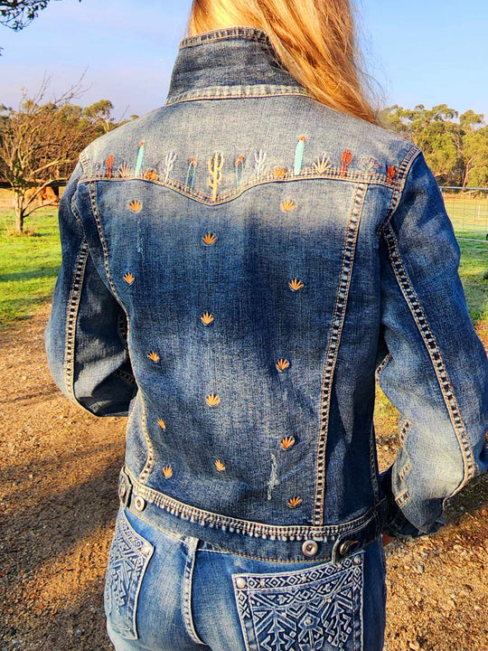 Grace in  La Denim Cowgirl Jacket Cactus Embroidery Size L