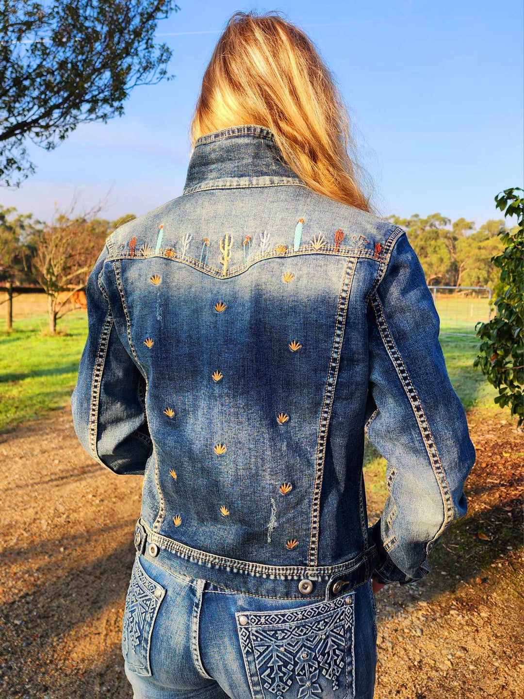 Grace in  La Denim Cowgirl Jacket Cactus Embroidery Size L