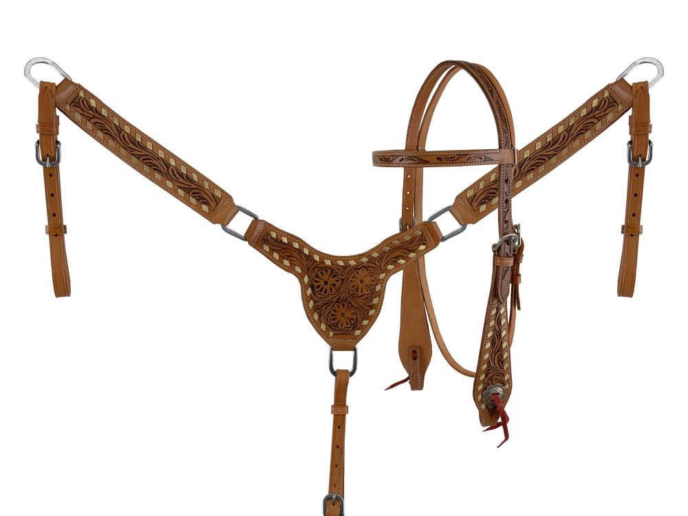 Western Tack Set - Browband Floral Tooled Leather Bridle & Breastcollar