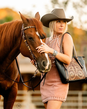 Western Leather Genuine Tooled Tote Handbag