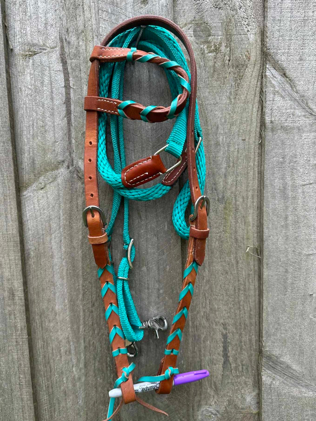 Western Bridle One Ear Tan Leather With Teal Coloured Lacing