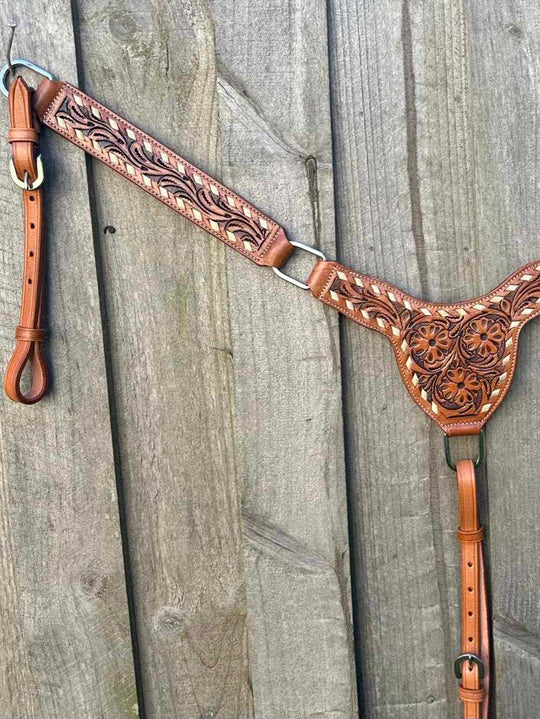 Western Tack Set - Browband Floral Tooled Leather Bridle & Breastcollar