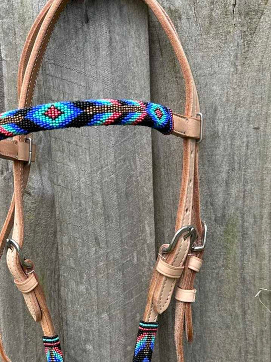 Western Bridle Leather Beaded Browband Headstall