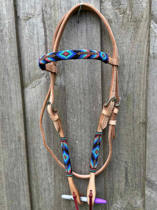 Western Bridle Leather Beaded Browband Headstall