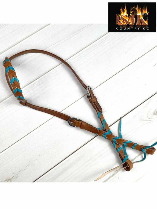 Western Bridle One Ear Tan Leather With Teal Coloured Lacing