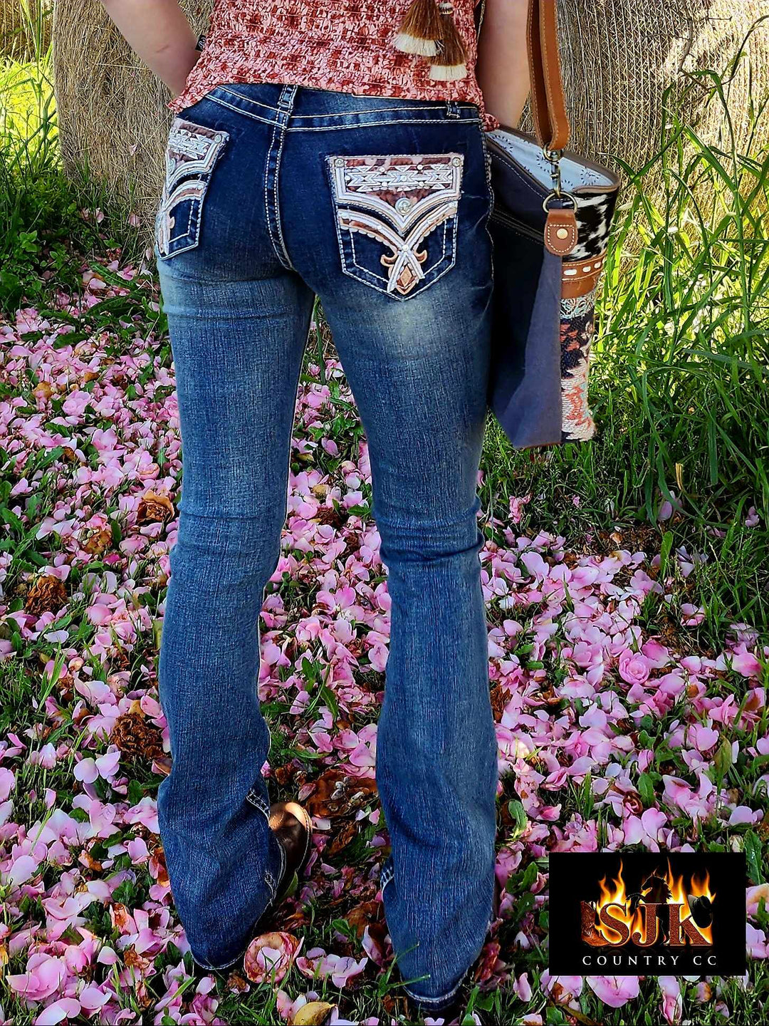 Grace in LA Mid Rise Western Tribal Pocket Bootcut Jeans