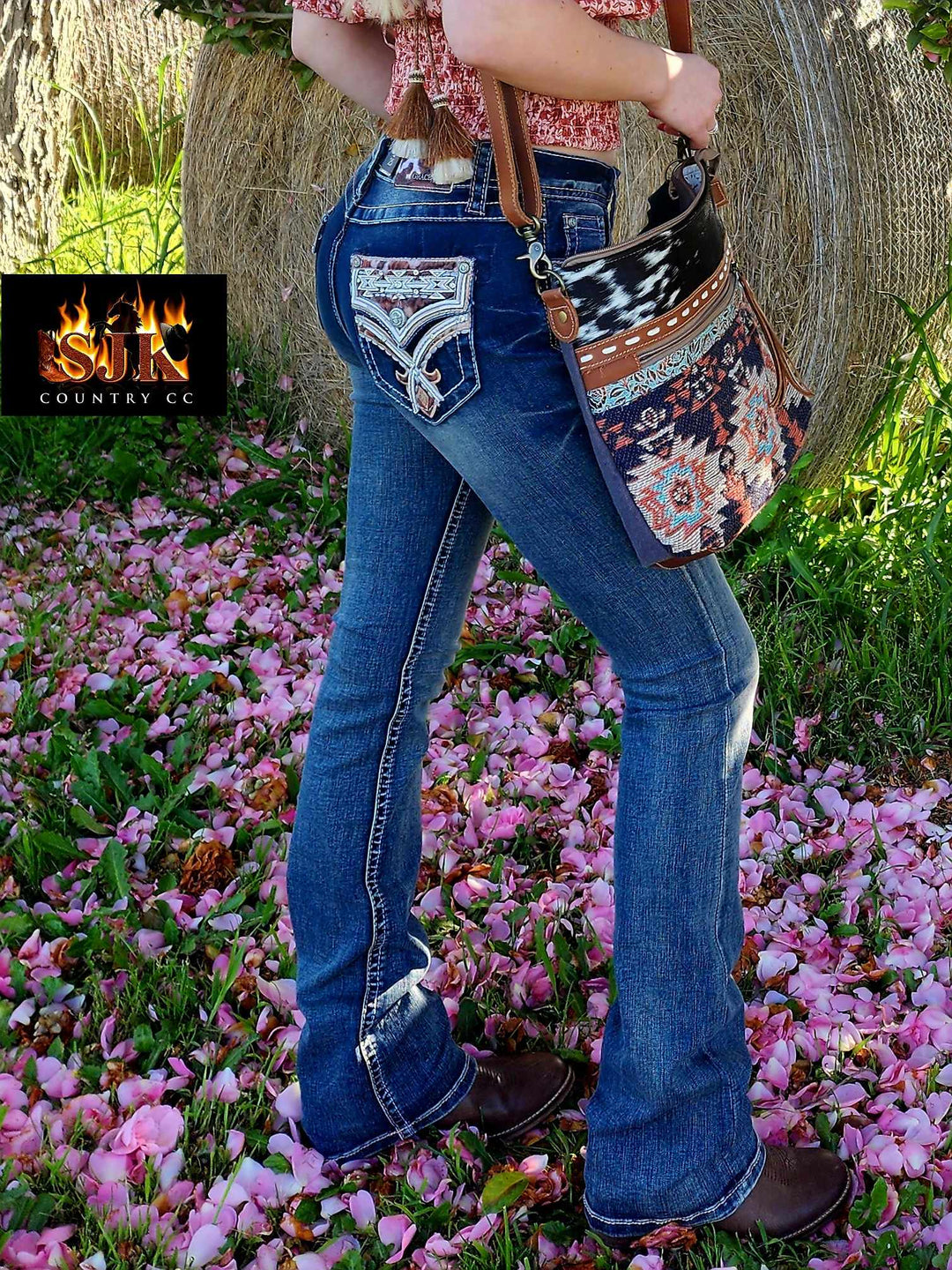 Grace in LA Mid Rise Western Tribal Pocket Bootcut Jeans