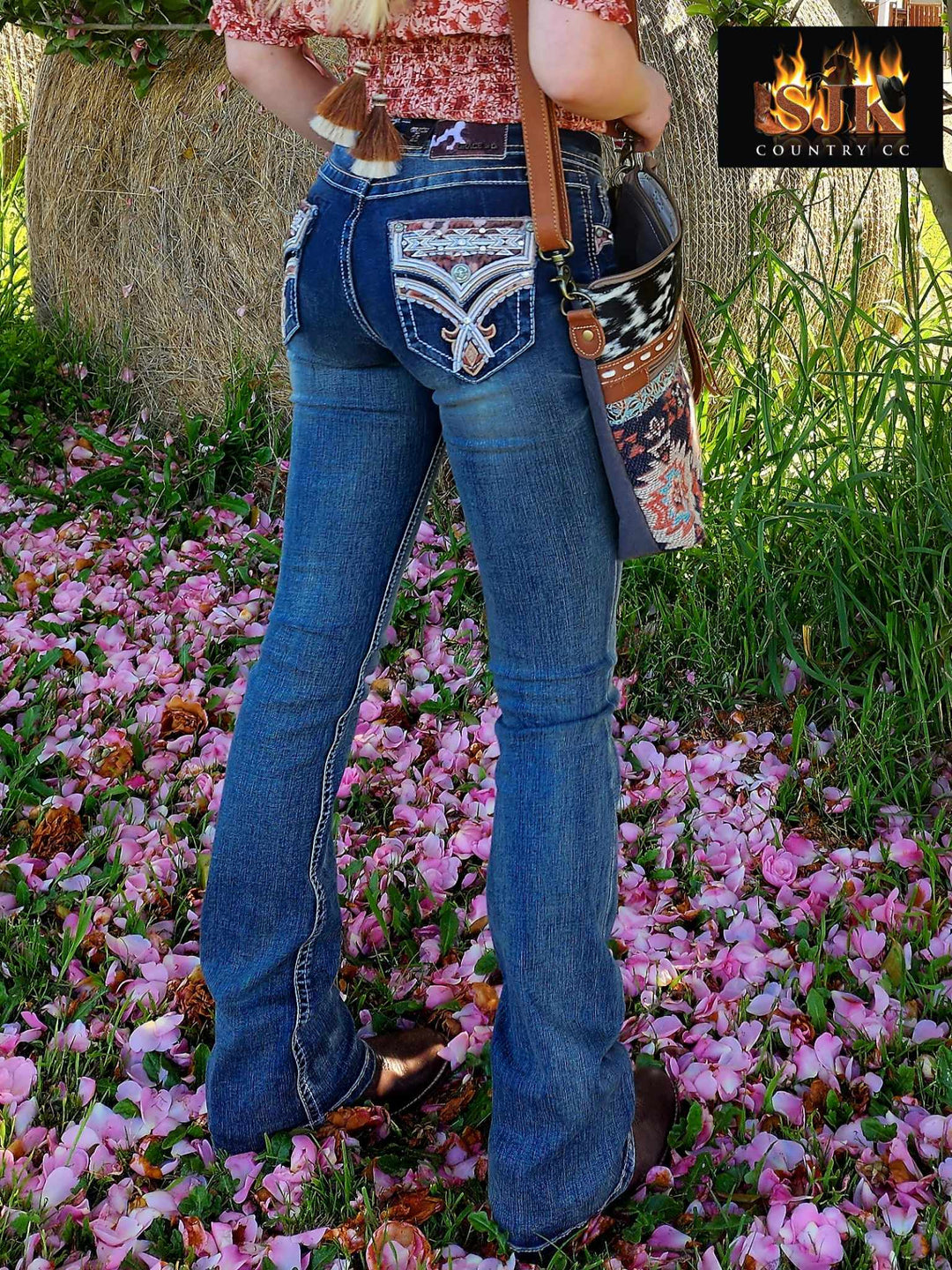 Grace in LA Mid Rise Western Tribal Pocket Bootcut Jeans