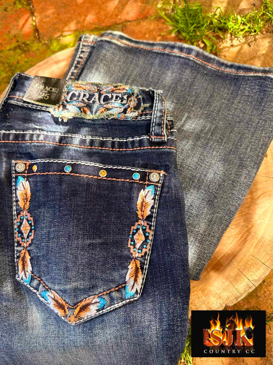 Grace in LA Mid Rise Feather & Western Motif Embroidery Flare Jeans Size 33