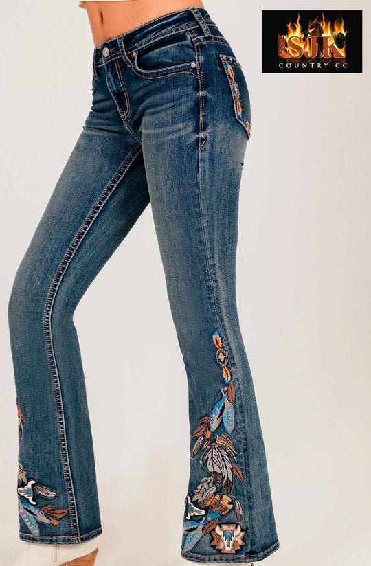 Grace in LA Mid Rise Feather & Western Motif Embroidery Flare Jeans Size 33