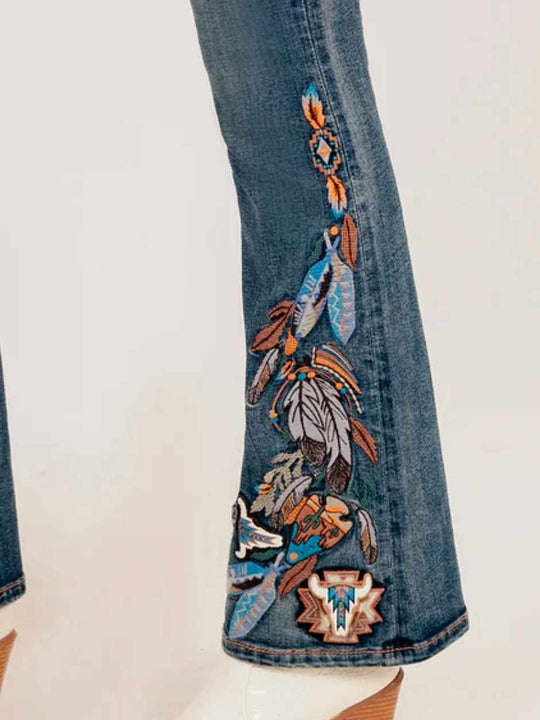 Grace in LA Mid Rise Feather & Western Motif Embroidery Flare Jeans Size 33