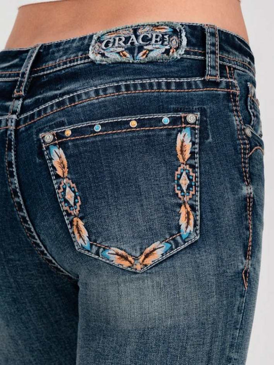 Grace in LA Mid Rise Feather & Western Motif Embroidery Flare Jeans Size 33