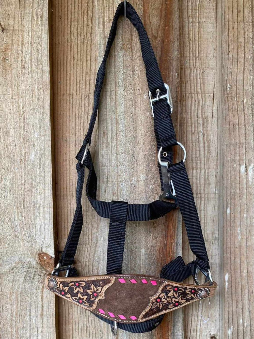 Halter -  Nylon Bronc halter with leather Nose Pink