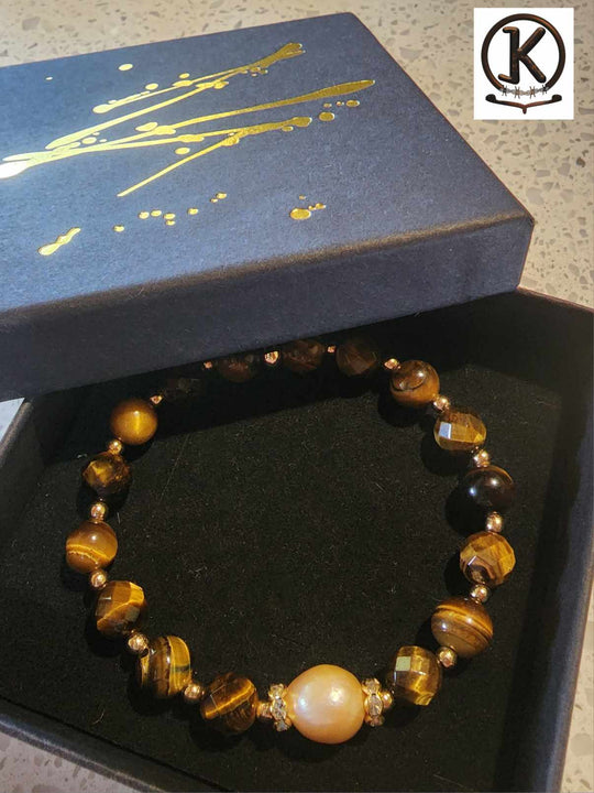 Jewellery - Genuine Tiger Eye Gemstone & Freshwater Pearl Bracelet