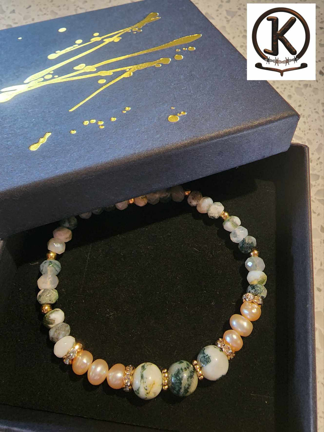 Jewellery - Genuine Moss/Tree Agate Gemstone & Freshwater Pearl Bracelet