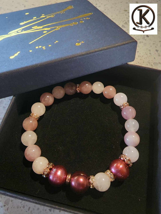 Jewellery - Genuine Rose Quartz Gemstone & Freshwater Pearl Bracelet