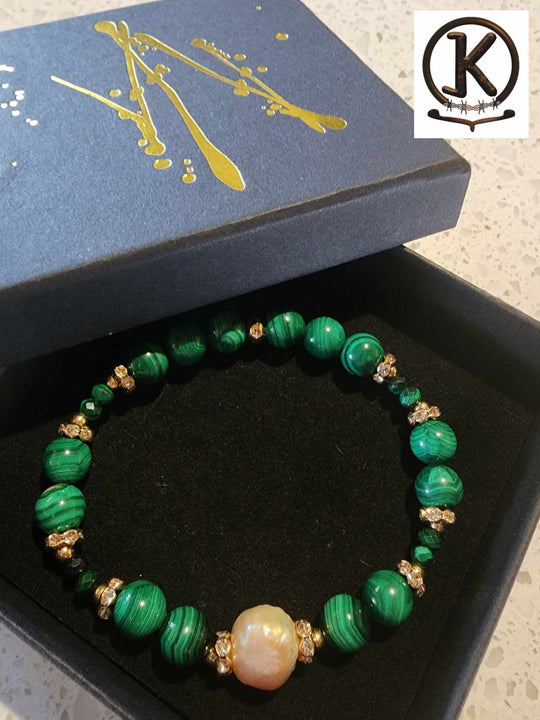 Jewellery - Genuine Malachite Gemstone & Freshwater Pearl Bracelet