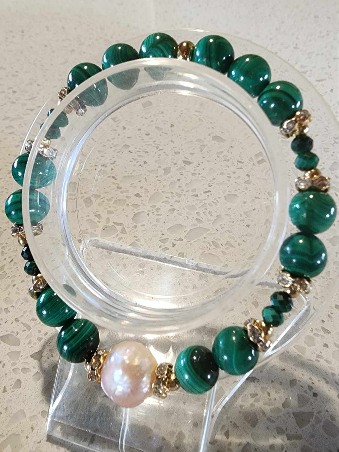 Jewellery - Genuine Malachite Gemstone & Freshwater Pearl Bracelet