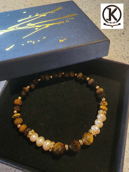 Jewellery - Genuine Tiger Eye Gemstone & Freshwater Pearl Bracelet