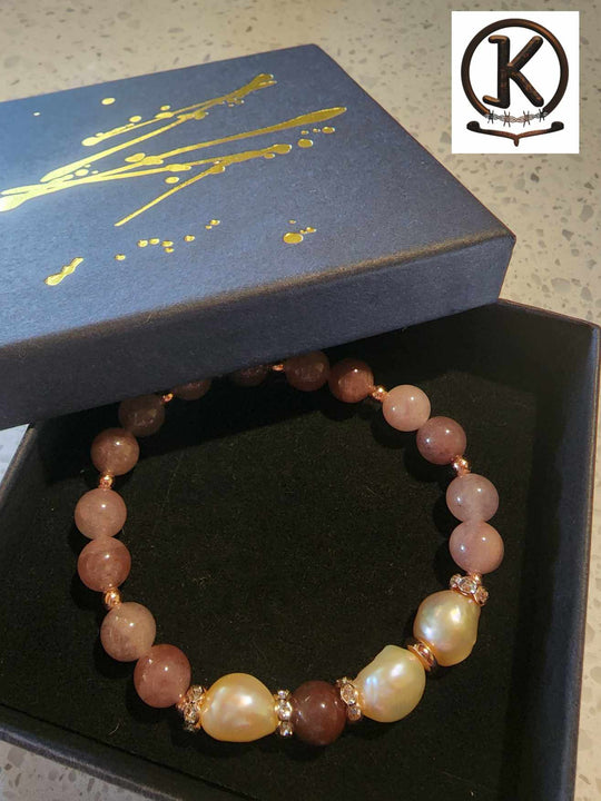 Jewellery - Genuine Strawberry Quartz Gemstone & Freshwater Pearl Bracelet