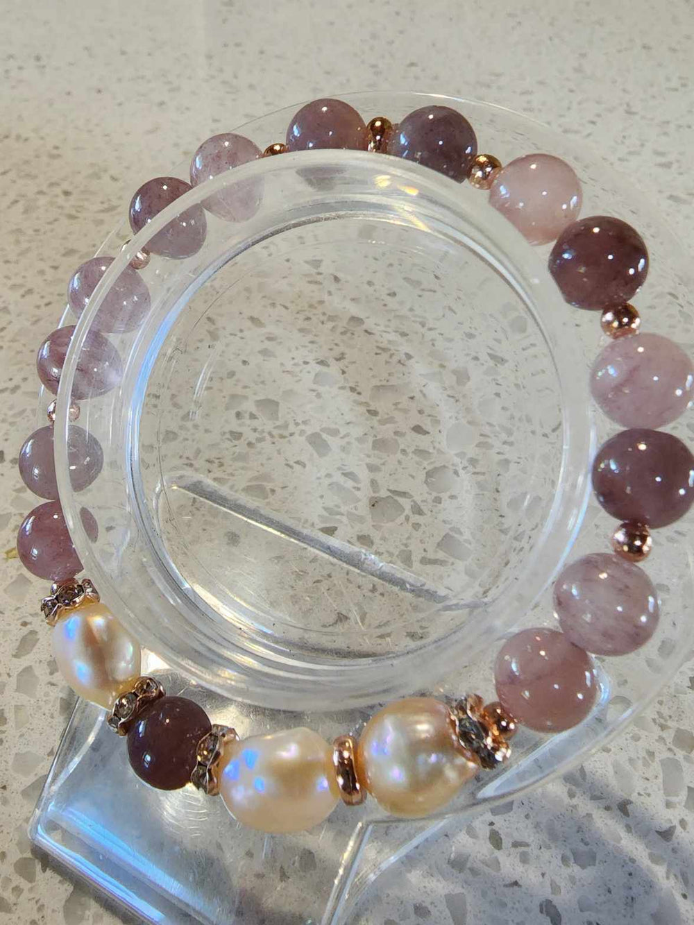 Jewellery - Genuine Strawberry Quartz Gemstone & Freshwater Pearl Bracelet