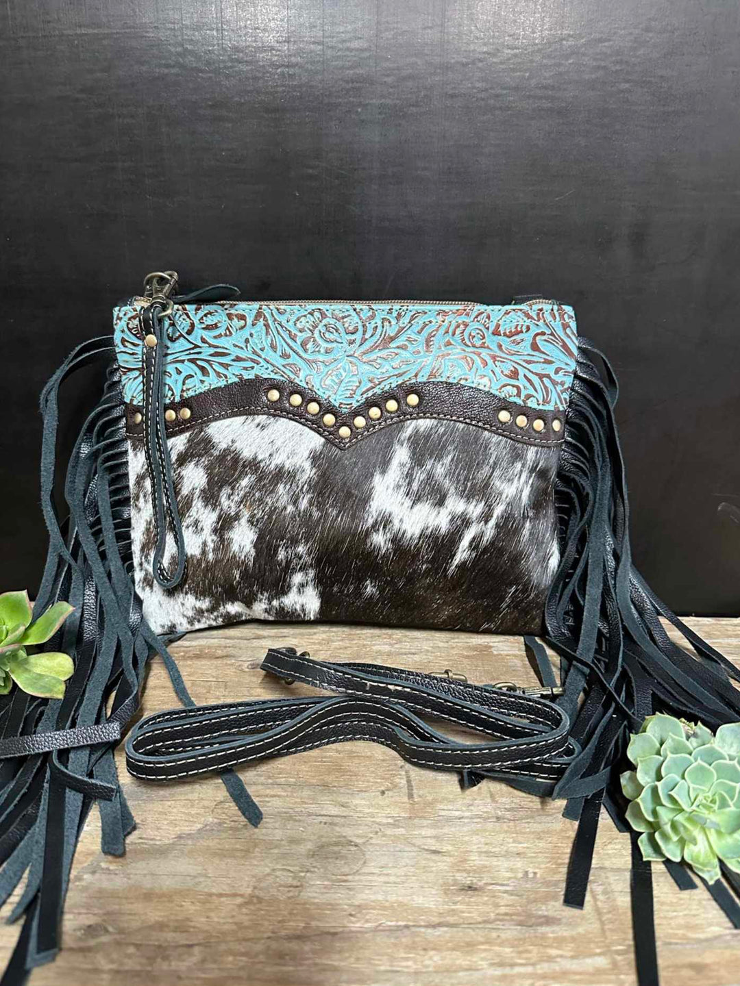 Western Hide & Leather Embossed Crossbody with Fringe