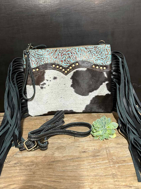 Western Hide & Leather Embossed Crossbody with Fringe