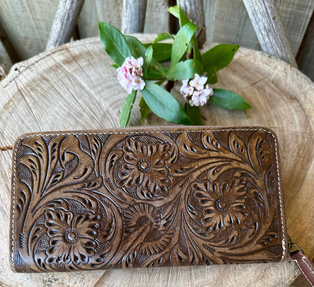 Western Leather Purse Chocolate  Tooled Leather Western Concho  Detail wallet