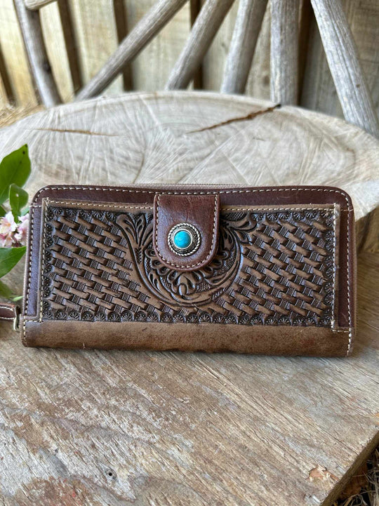 Western Leather Purse Chocolate  Tooled Leather Western Concho  Detail wallet