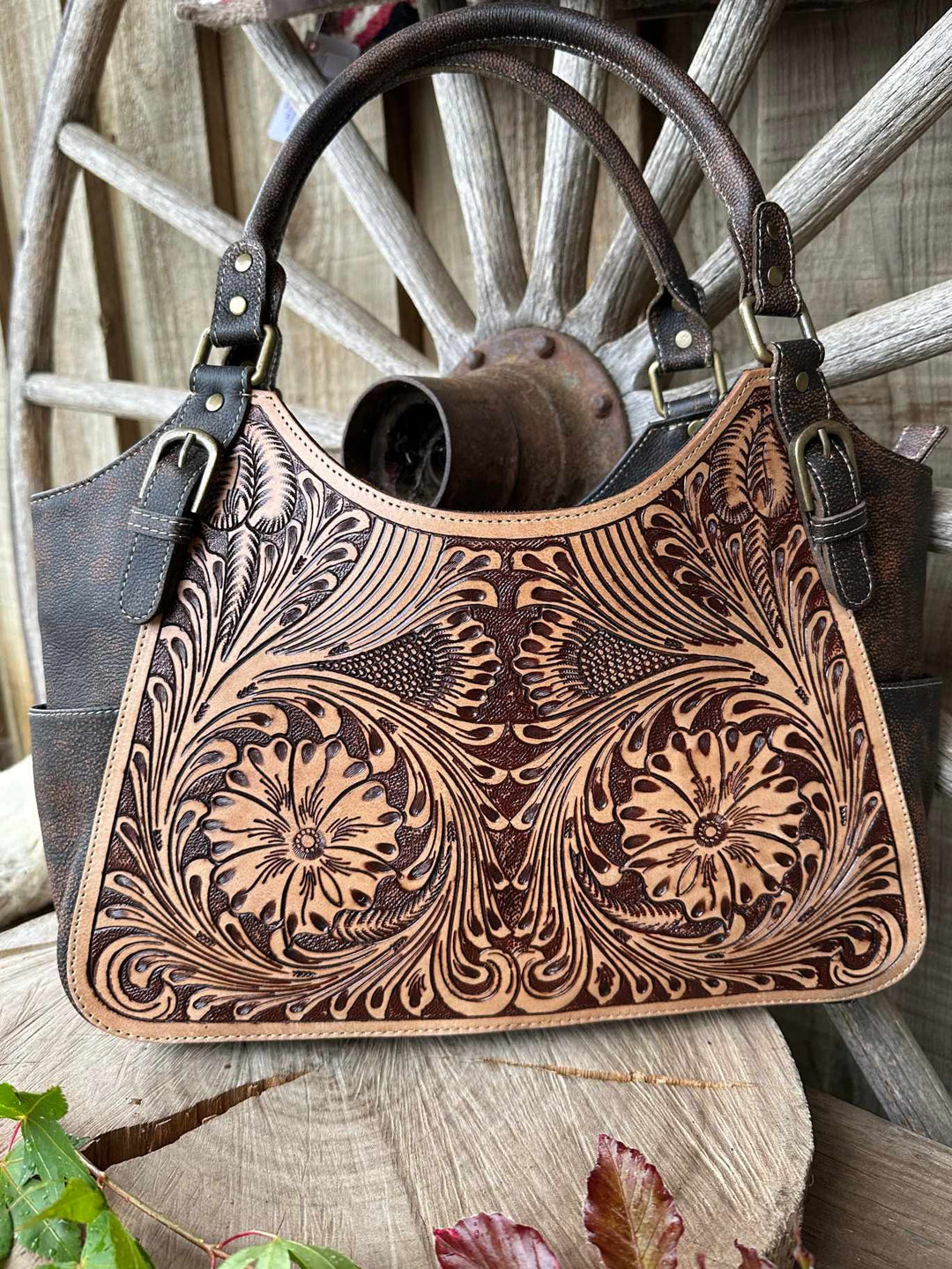 Western Leather Genuine Tooled Tote Handbag