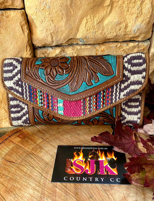 Western Saddle Blanket Wallet Genuine Wool and Leather Purse