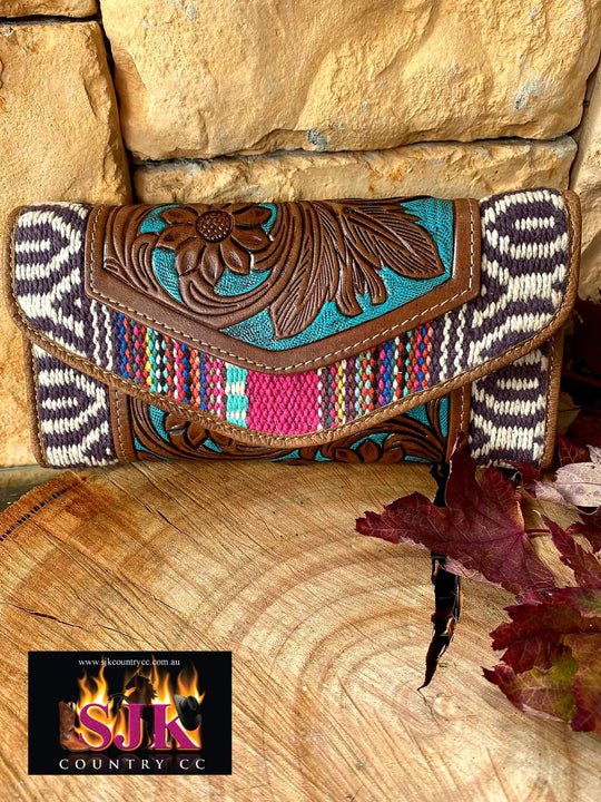 Western Saddle Blanket Wallet Genuine Wool and Leather Purse