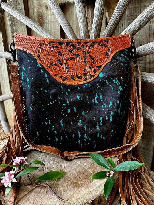 Western Hide & Leather Crossbody Turquoise Acid Wash