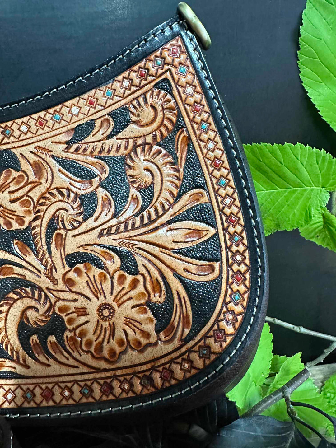 Western Leather Tooled Two Tone Crossbody