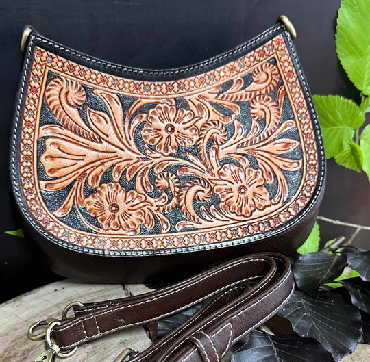 Western Leather Tooled Two Tone Crossbody