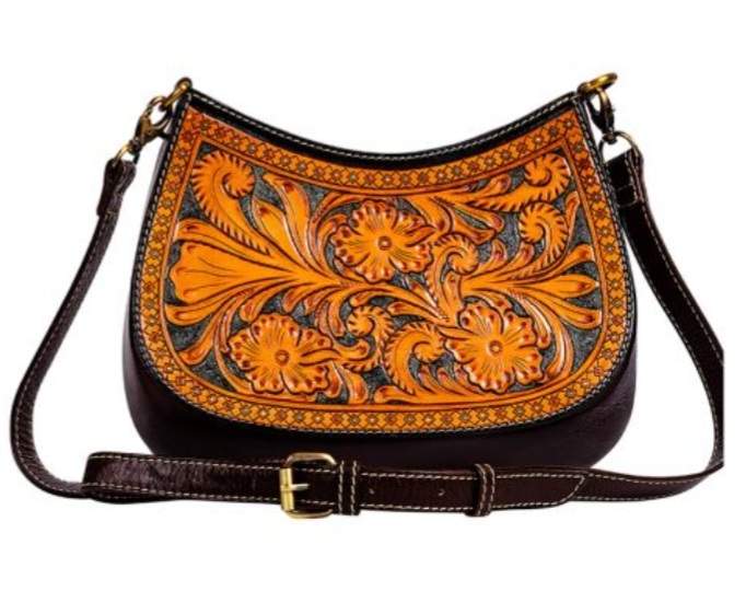 Western Leather Tooled Two Tone Crossbody