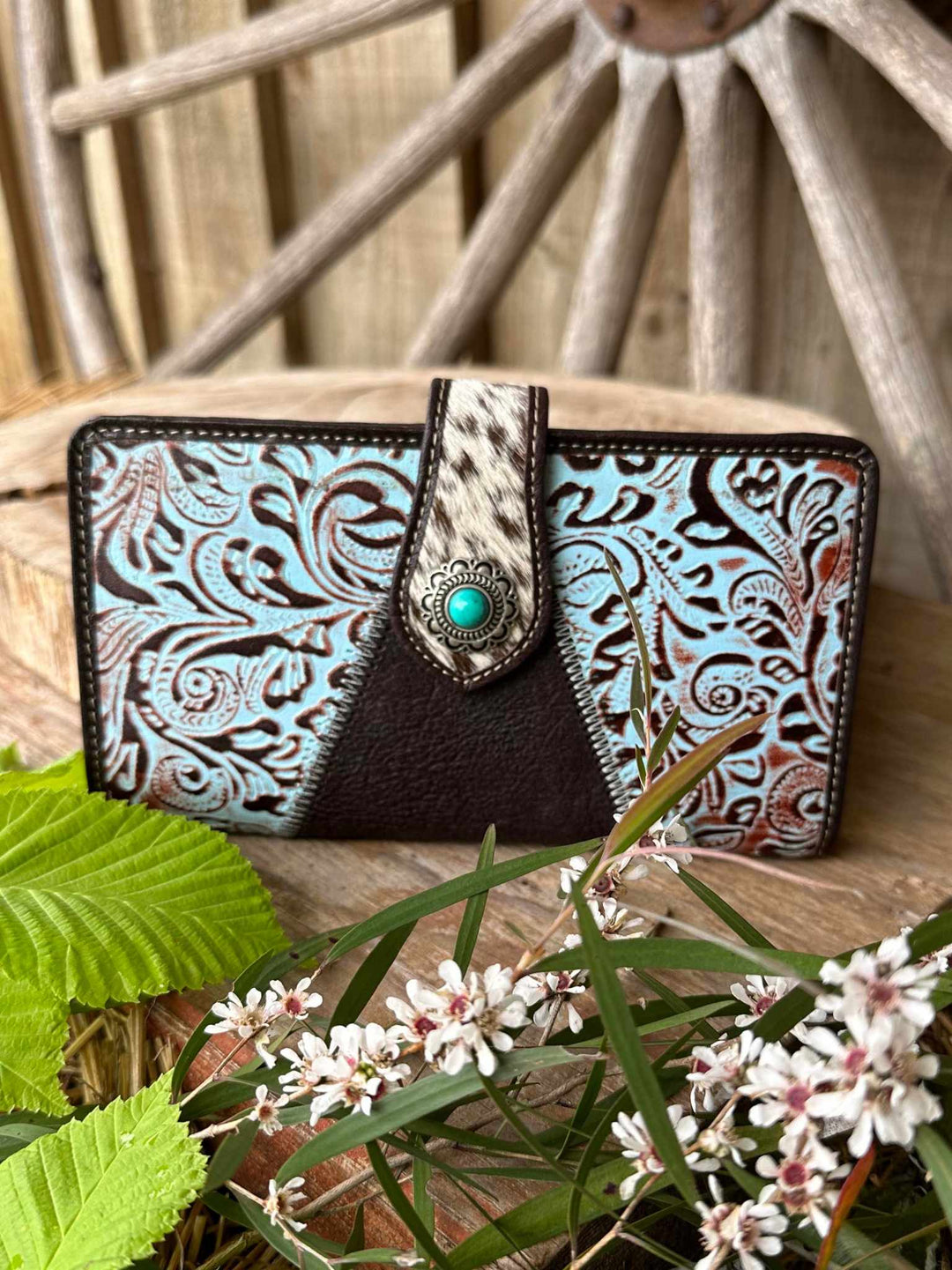 Western Hide & Leather Wallet Purse Embossed Turquoise