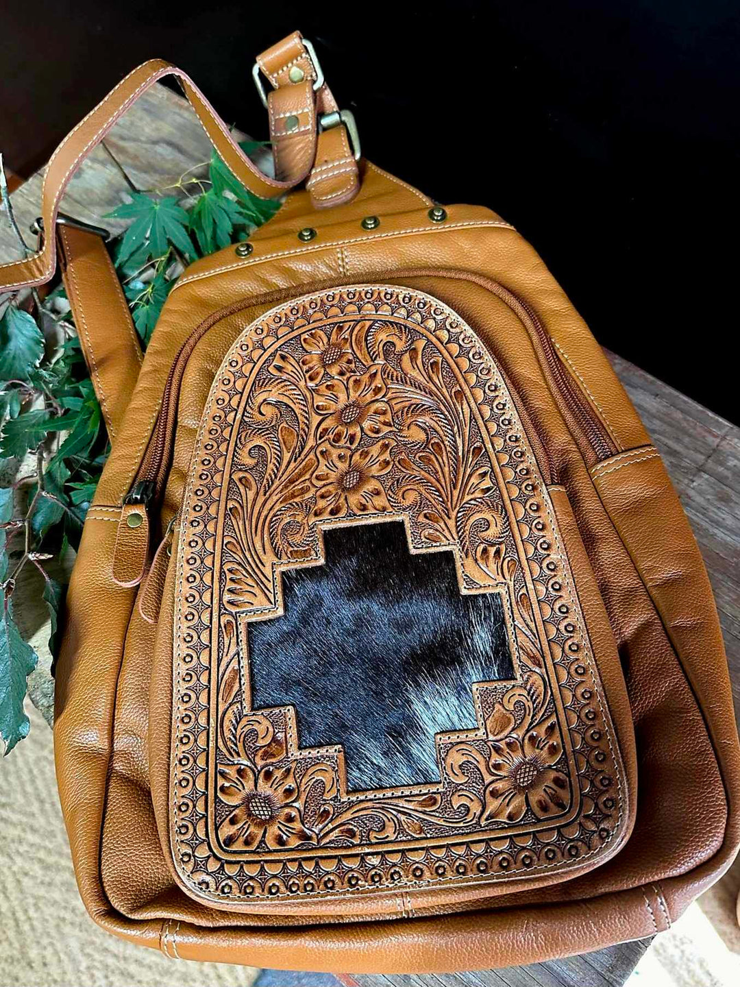 Backpack -  Hair on Hide and Tooled Leather Sling Bag