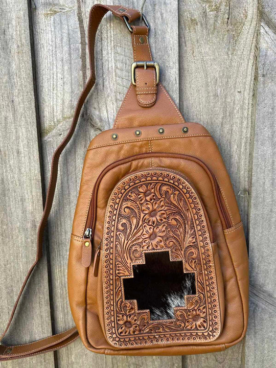 Backpack -  Hair on Hide and Tooled Leather Sling Bag