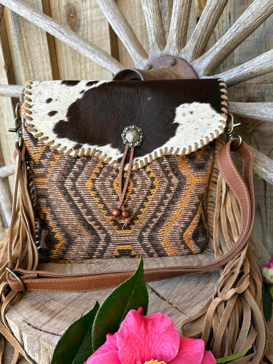 Western Hide Recycled Canvas n Hide Tribal Print Crossbody