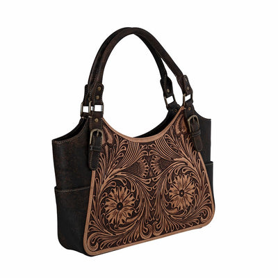 Western Leather Genuine Tooled Tote Handbag