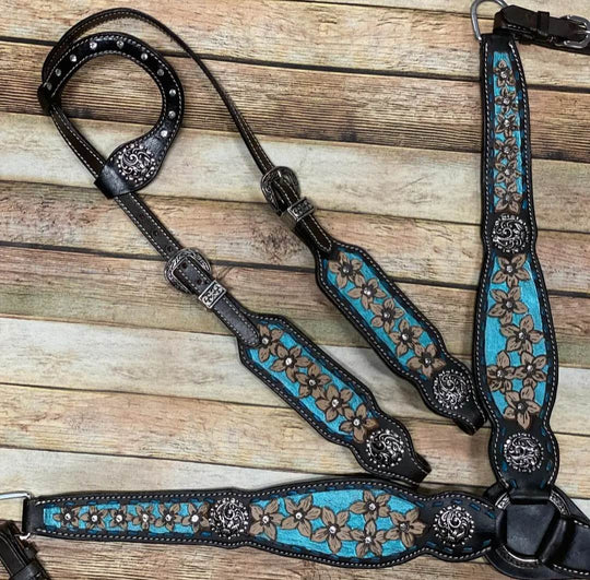 Western Tack set- Floral Embossed One Ear Bridle W/ Reins and  Breastcollar