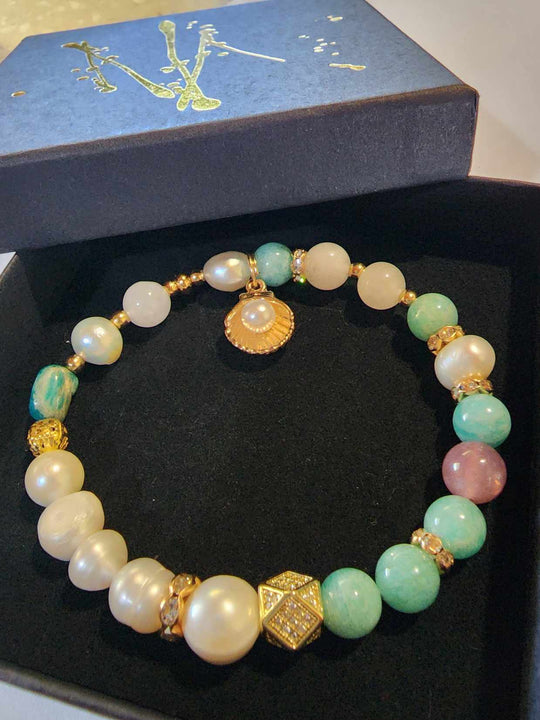 Jewellery - Genuine Multi Freshwater Pearls, Amazonite & Quartz Bracelet